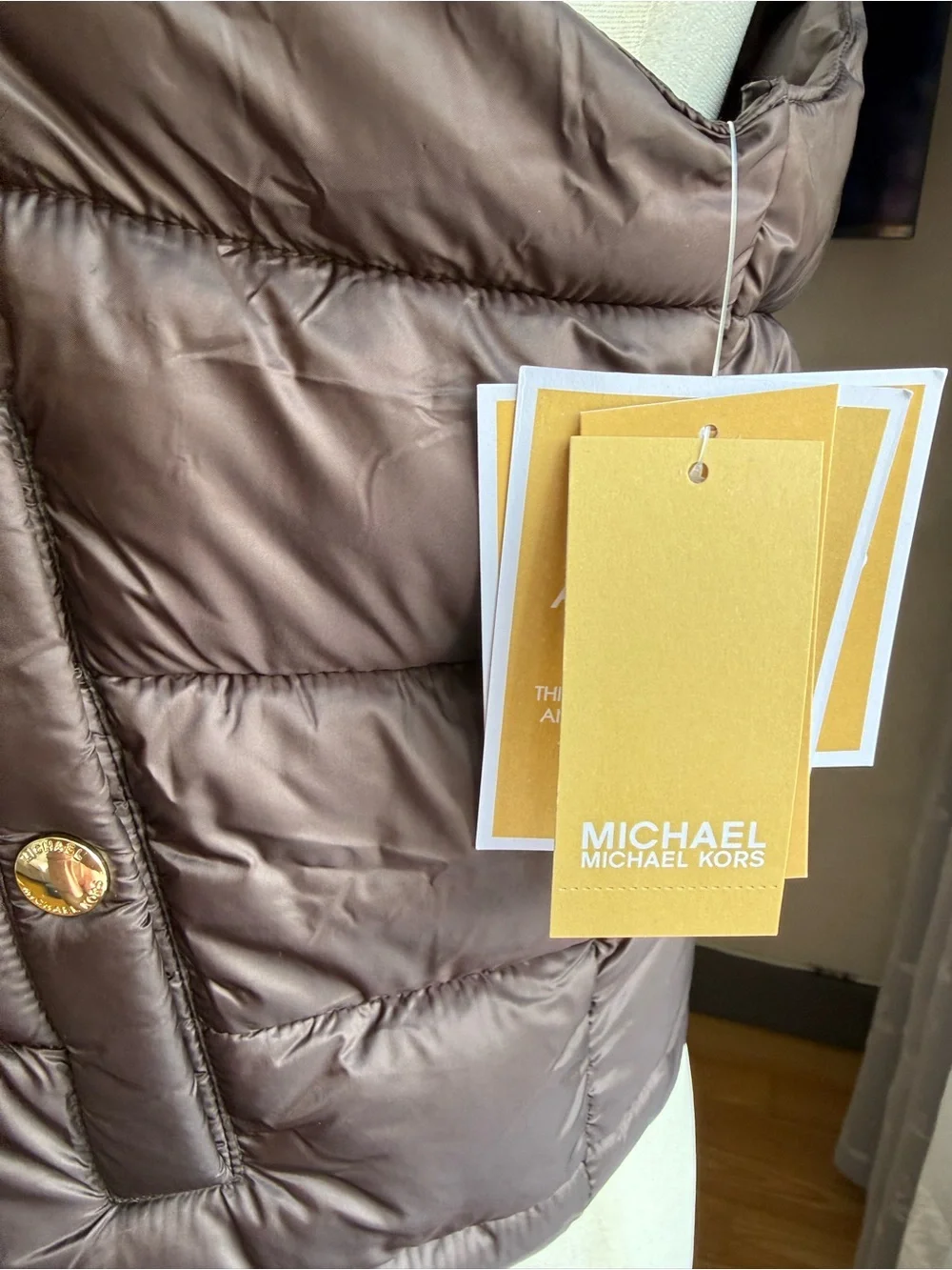Michael Kors Chocolate Brown Quilted Puffer Vest with Gold Buttons